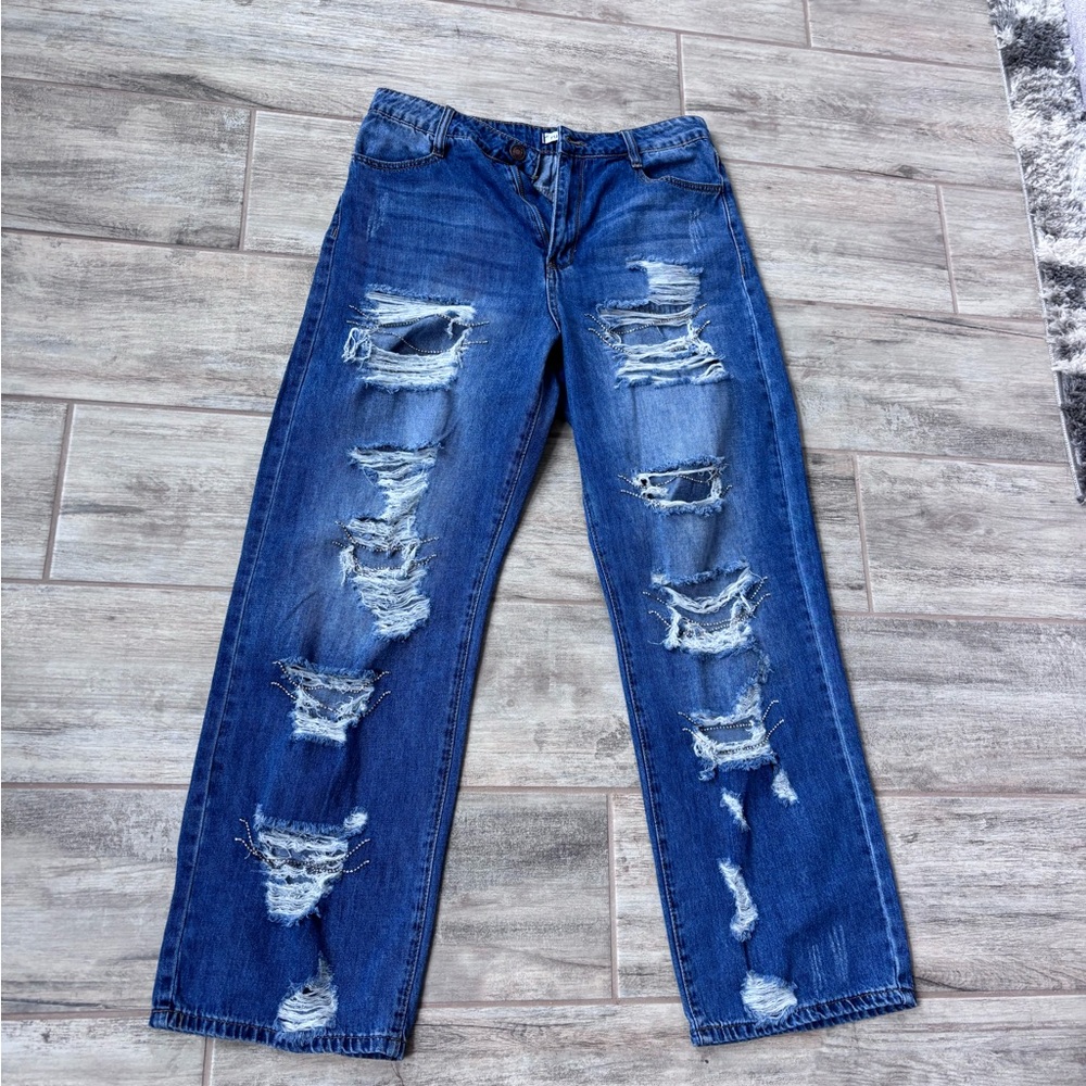 Distressed Blue Wide Leg Jeans - Picture 6 of 8